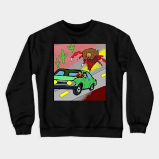 locust with lions head chasing woman in car Crewneck Sweatshirt